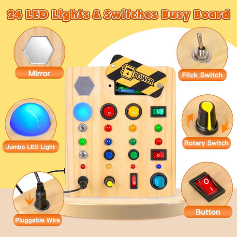 LED Busy Board, Wooden Sensory Toys for Toddler, Montessori Music Toy for Airplane, Educational Learning Toy