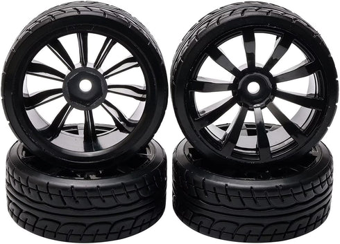 1/10 RC Drift Wheels, 12mm Plastic RC Drift Tires & Black 10 Spokes Wheel Rims, Pack of 4