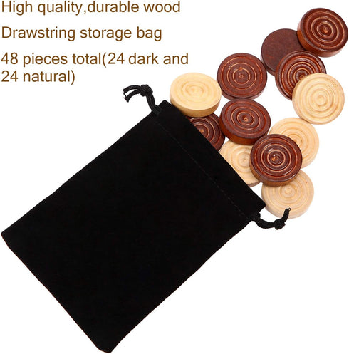 48 Pieces Wooden Checkers 1.06 Inch with Stackable Ridge in Drawstring Storage Pouch