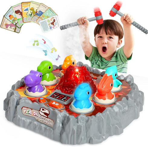 Yerloa Dinosaur Toys for Kids 3-5, Toddler Volcano Whack A Mole Game with 2 Hammers, Musical Learning Gift