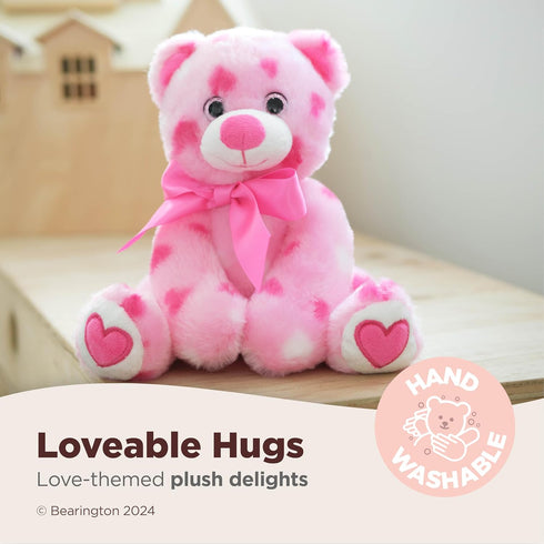 Bearington Collection Heart Teddy Bear Plush, 8.5" Pink Heart-Printed with Satin Bow & Pocket