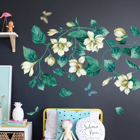 Amaonm Removable DIY 3D White Floral Leaf Art Decor, Blue Flower Vine Wall Sticker for Kids Room, 4 Sheets 12"x18"