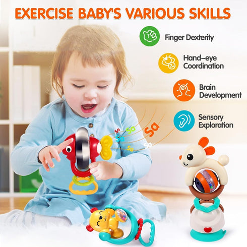 6-12 Set 3 6 7 9 12-18 2-in-1 Baby Toys Months Infant Toy of High Chair Suction Cup Rattle Teething Toys for Babies