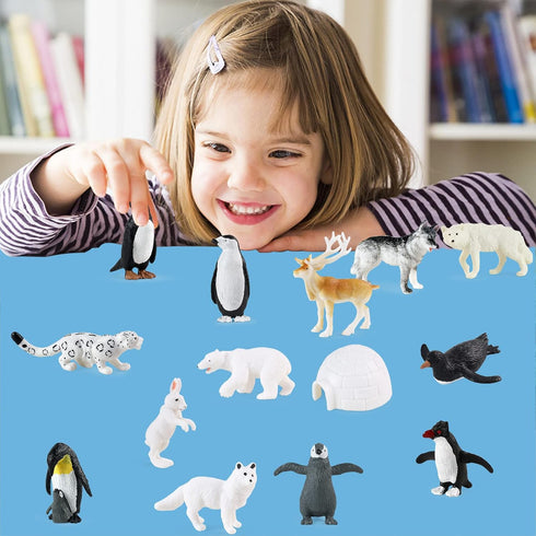 RCOMG 14PCS Mini Arctic Animal Figures, Realistic Sea Animals Toys Playset with Reindeer, Penguins, etc.