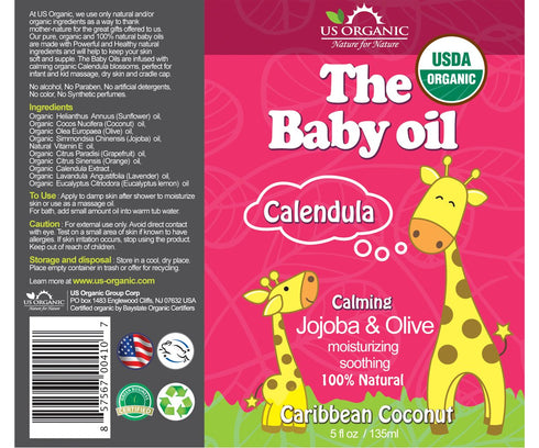 US Organic Baby Oil with Calendula, Smooth Caribbean Coconut, 135ml, Certified Organic by USDA