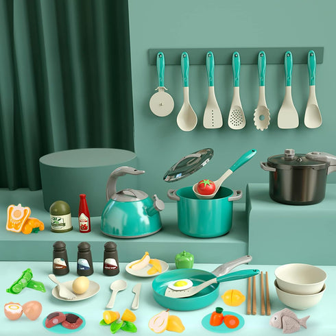 Bruvoalon 67Pcs Kids Play Kitchen Toys Set, Green, Pretend Cooking Accessories with Pots, Pans, Utensils, Foods