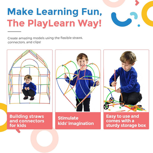 Playlearn Large 816 Piece Straws Builders Construction Toy - 8 Inch Full Size Straws, Giant Pack with Wheels
