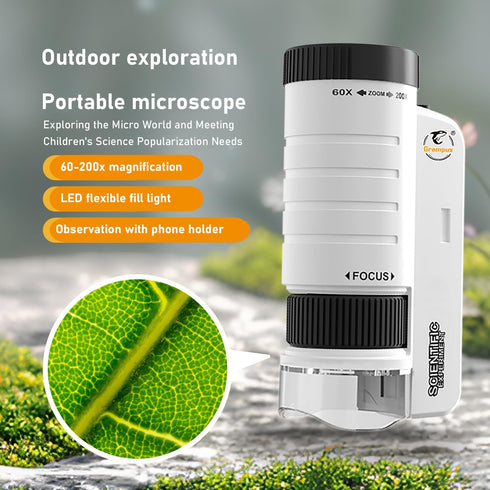 Grampus 60x-200x LED Pocket Microscope Portable Handheld STEM Toy for Kids Adults, Mini Microscope for Student Science