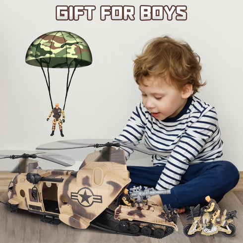 Set Playset, deAO Military Helicopter Toys Army Men Army Toys with Soldier Action Figures, Combat Truck, Motorcycle