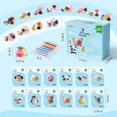 12 3+ CLYMENE Air Dry Clay Kit for Kids, Animals Modeling Clay with Tools & Tutorials, Arts and Crafts Creative Toys