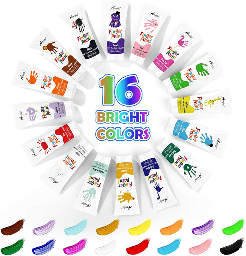 AROIC 16 Colors Kids Washable Finger Paint, Non-Toxic Art Supplies for Toddlers, Finger Painting DIY Crafts