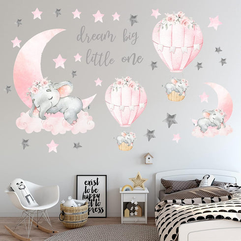 WEWINLE Dream Big Little One Elephant Wall Stickers, Pink Moon Hot Air Balloon Grey Stars Wall Decals for Nursery Kids