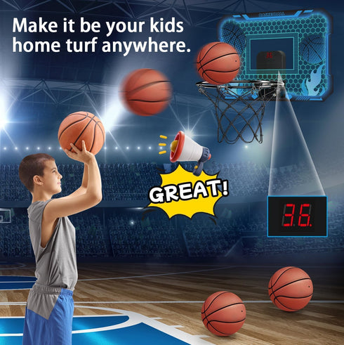 Indoor Basketball Hoop for Kids, Mini Hoop with Remote Control, 7-Color LED Lights & 3 Balls, Over Door