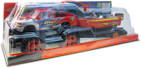 Mozlly Set 9 Inch Monster Truck Toys with Trailer Toy Boat - Friction Powered Hauling Truck and Trailer Toy, Big Toy