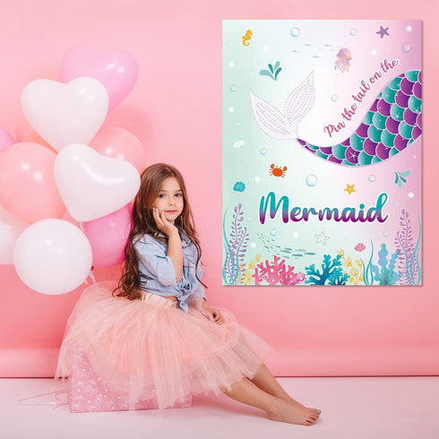 WERNNSAI Pin The Tail on The Mermaid Game - Mermaid Party Decorations with 21'' x 28'' Poster & 24 Pcs Tail Stickers