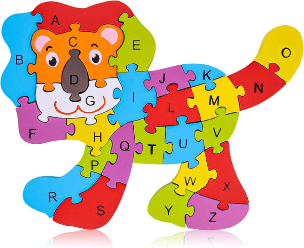 LovesTown Lion Wooden Puzzle, 26PCS Jigsaw Puzzle with Alphabet and Number Blocks for Preschool Education