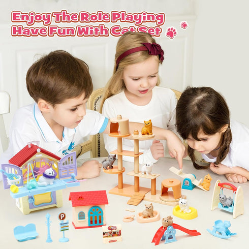 Golray 66Pcs Cat Toys for Kids, 3 In 1 Pet Pretend Play Toys with Cat Figurines, DIY Cat Tree & Playground