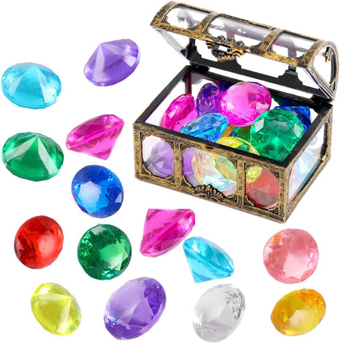 Diving Gem Pool Toys Sand Toys, 14 Color Diamond Treasure Chest Summer Swimming Gems Pirate Diving Toy Set