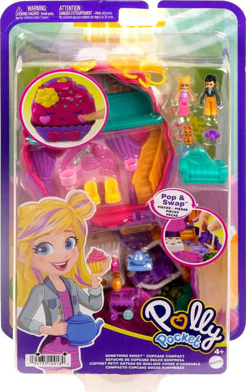 Polly Pocket Something Sweet Cupcake Compact Playset with 2 Micro Dolls & Accessories, Travel Toys with Surprises