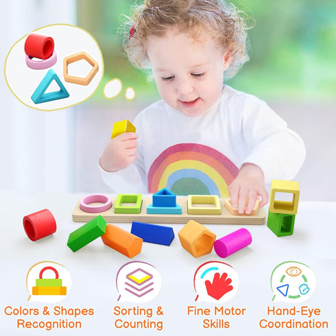 1 2 3 1-4 PEBIRA Montessori Toys for Year Old Boys Girls Toddlers, Heightened Peg-Free Wooden Stacking Toys, Shape