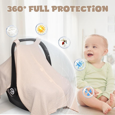 Baby Car Seat Cover - Muslin Infant Canopy with Peekaboo Opening, Unisex Large Universal Fit for Newborns