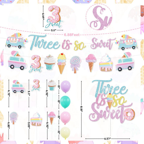 Three Is So Sweet Ice Cream Party Decorations - Banner, Cake, Cupcake Toppers, Macaron, Balloons for Donut Theme Third