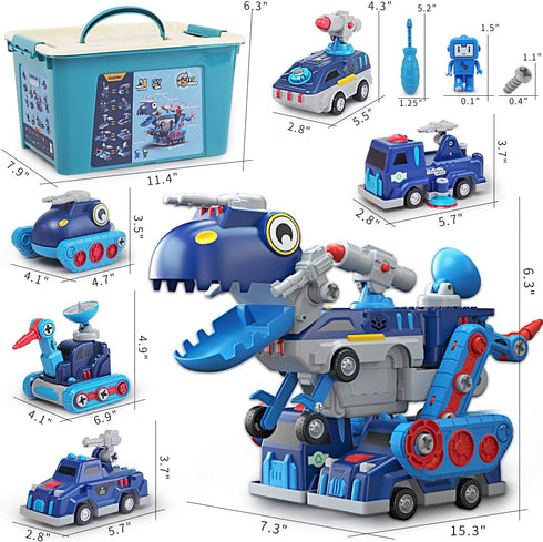 Take Apart Vehicle Magnetic Toy, 5-in-1 Tool Building Trucks Transform to Dinosaur Robot for Kids