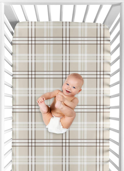 Sweet Jojo Designs Fitted Baby Crib Sheets (Taupe Plaid) for Boys/Girls, Infant Nursery, Toddler Room - Standard Size