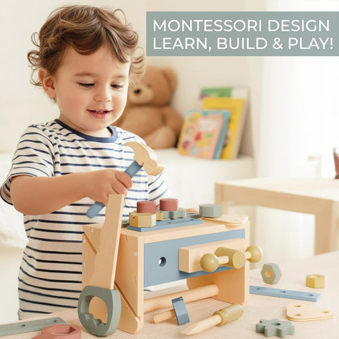 Set Hammer 2-5 30+ Durable Wooden Tool for Toddlers - Montessori Tool Box Kit with for Boys & Girls Years - Fun