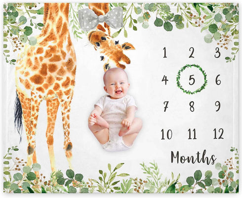 Giraffe Milestone Blanket - Safari Baby Growth Chart Monthly Blanket, Jungle Baby Nursery for New Moms