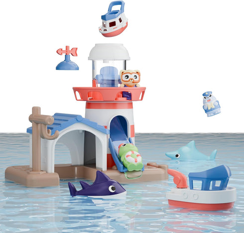 2-4, Set, Swimming 18 3 5 6 iPlay, iLearn Bath Toys for Toddlers Kids Lighthouse Bathtub Shower Toy Wind up Boat, Baby