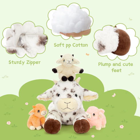 Sets, 22 Inch Mommy 3 Tummy,Soft 4Pcs Tezituor Large Lamb Stuffed Animal Toys Spot Lamb Plush with Cute Babies