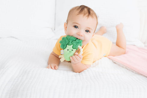 0+ Pearhead Broccoli Baby Teether Soft Plush Sensory Toy with BPA-Free Silicone Beaded Ring & Crinkle Sound, Soothes