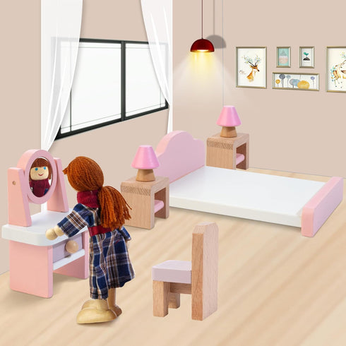 Set 4 26 4 3+ Kizfarm Wooden Dollhouse Furniture with Family Dolls, Pcs Pretend Play Dollhouse Accessories for Rooms