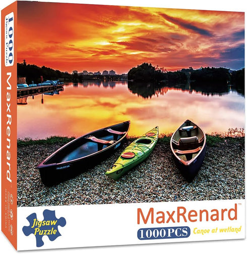MaxRenard Sunset Scenery Jigsaw Puzzle 1000 Pieces for Adults, Canoe at Wetland During Sunset