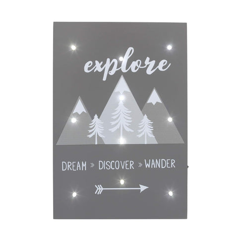 NoJo Mountains "Explore, Dream, Discover, Wander" Lighted Wall Decor, Grey, White, Charcoal