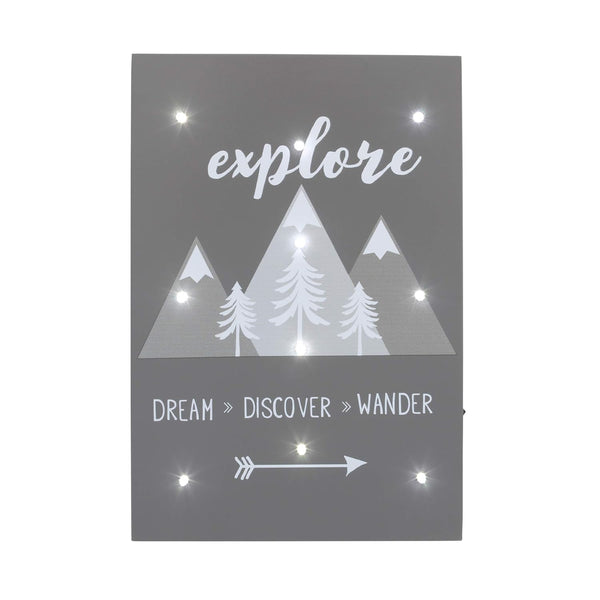 NoJo Mountains "Explore, Dream, Discover, Wander" Lighted Wall Decor, Grey, White, Charcoal