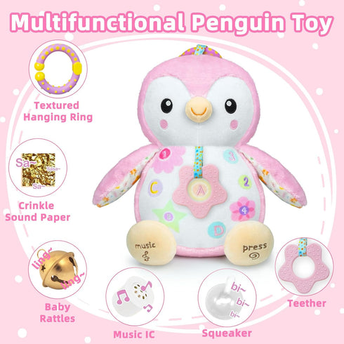 Penguin Baby Toys 0-6-12 Months,Stuffed Animal Plush Toy,Textured Hanging Ring,Rattles & Crinkle Sound Paper,Tummy Time Toys for Newborns Toys for 0-6-12 Months Boy/Girls