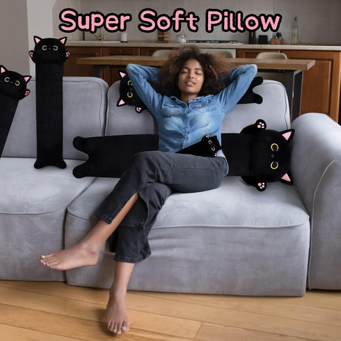 Long Cat Plush Pillow – 40.5" Cute Black Cat Stuffed Animal, Kawaii Plushie, Throw Pillow for Kids Christmas