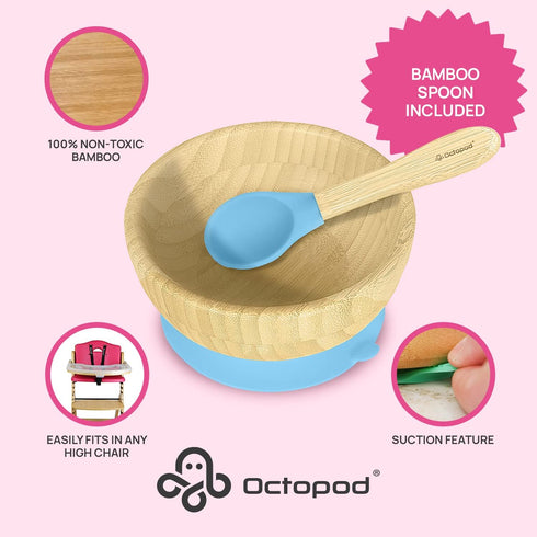 Abiie Octopod Bamboo Baby Bowl Set - Mess-Free High Chair Suction Bowl with Spoon for Toddlers, Blue
