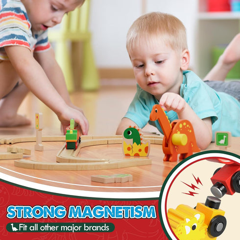 Lehoo Castle Wooden Train Set, Dinosaur Wooden Train Track Set for Toddlers 2-4, Fits Thomas and Brio