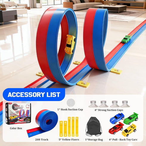 20ft 4 Bag,4pcs Cups,5pcs 1/64 Flexible Race Track for Kids with Pull-Back Cars & Portable Storage Strong Suction Track