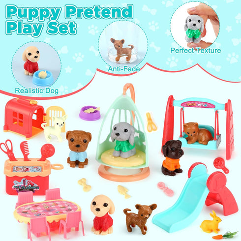 Pet Pretend Play Toys Set, 48 Pcs Realistic Pet Figures Playset for Cat and Dog Care Role Play, Birthday Gift