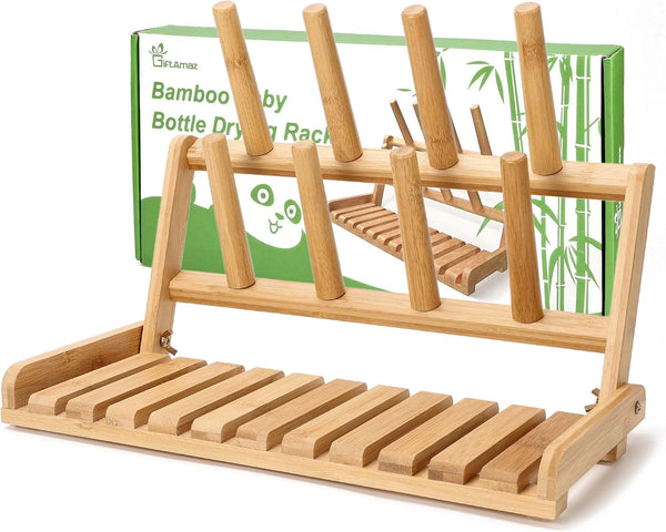 GiftAmaz Bamboo Baby Bottle Drying Rack, Space Saving Countertop Bottle Holder Portable
