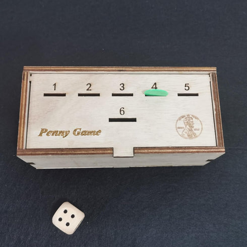 Penny Game Fun Board Game with Pennies, Coin Game Wood Box for 2-6 Players, Simple + Strategic Dice Games
