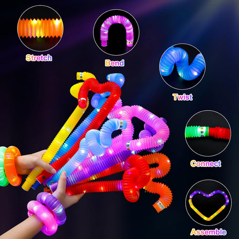 Glow Sticks Party Favors, 8 PCS LED Pop Tubes, Glow Necklaces, Bracelets, Light up Camping Toys for Kids, Fun Supplies