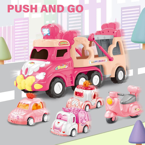 seveclotree 9 1 1-4 in Carrier Truck Cars Toys - Pink Princess Girl Car with Light and Sound - Toddler Toys Age