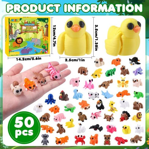50 3D Set, JOICEE Pcs Mini Printed Animal Figurines Articulated Flexible Fidget Toys Cute Desk Pets Decor for Kids
