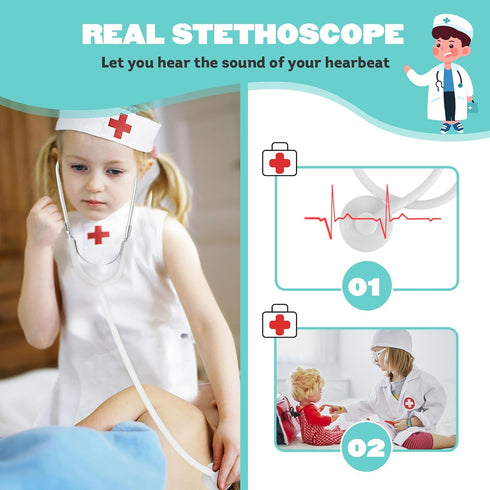 Set, 25Pcs 3-8 Doctor Kit for Kids, Dentist Pretend Play Educational Doctor Toy Wooden Medical Kit with Stethoscope
