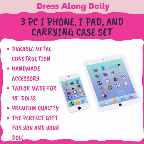 3pc Tech Set for American 18" Dolls with Cell Phone, Computer Tablet, and Accessory Bag - Premium Durable Metal